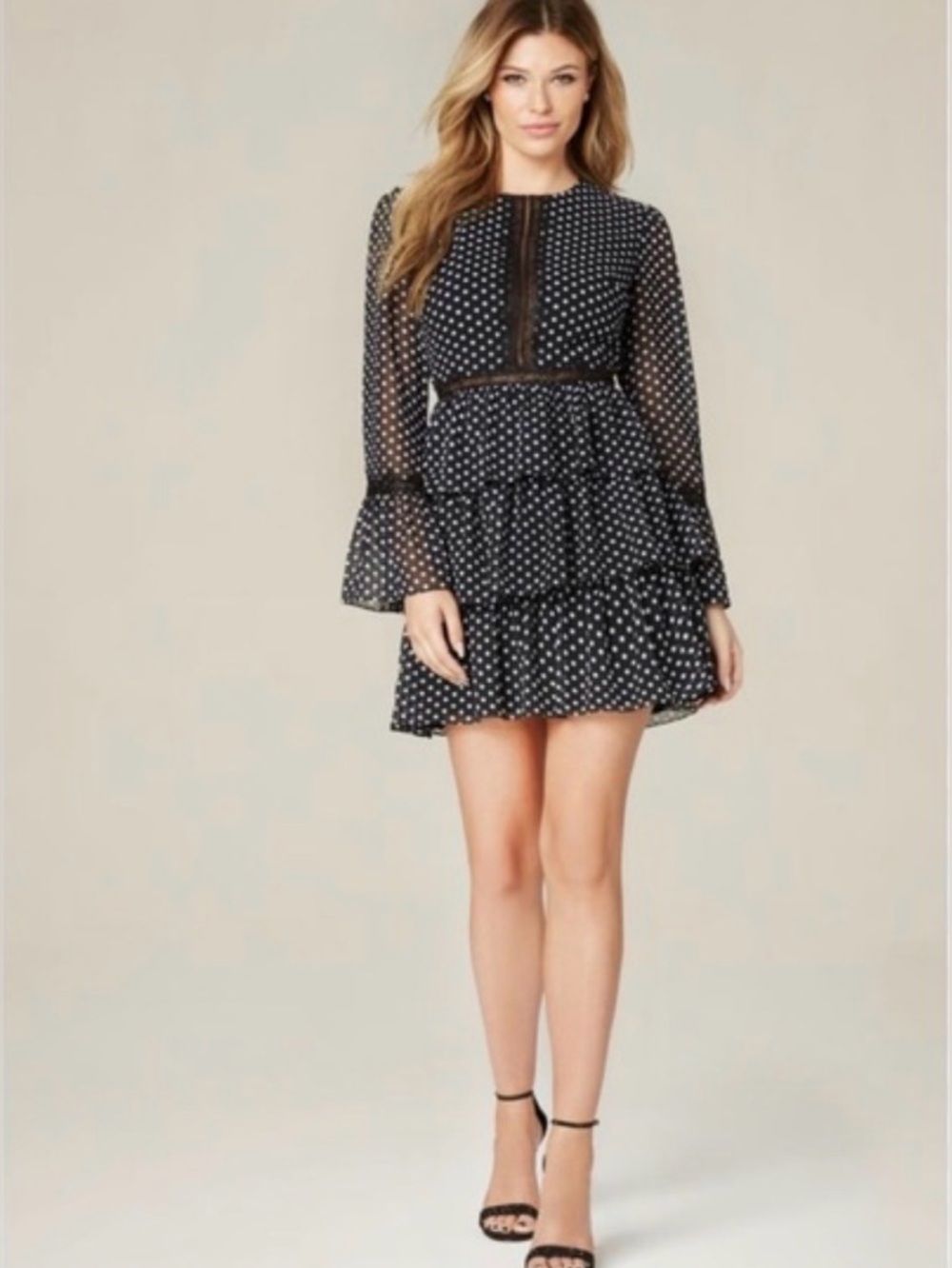 bebe Black and White Polka Dot Tiered Long-Sleeve Mini Dress